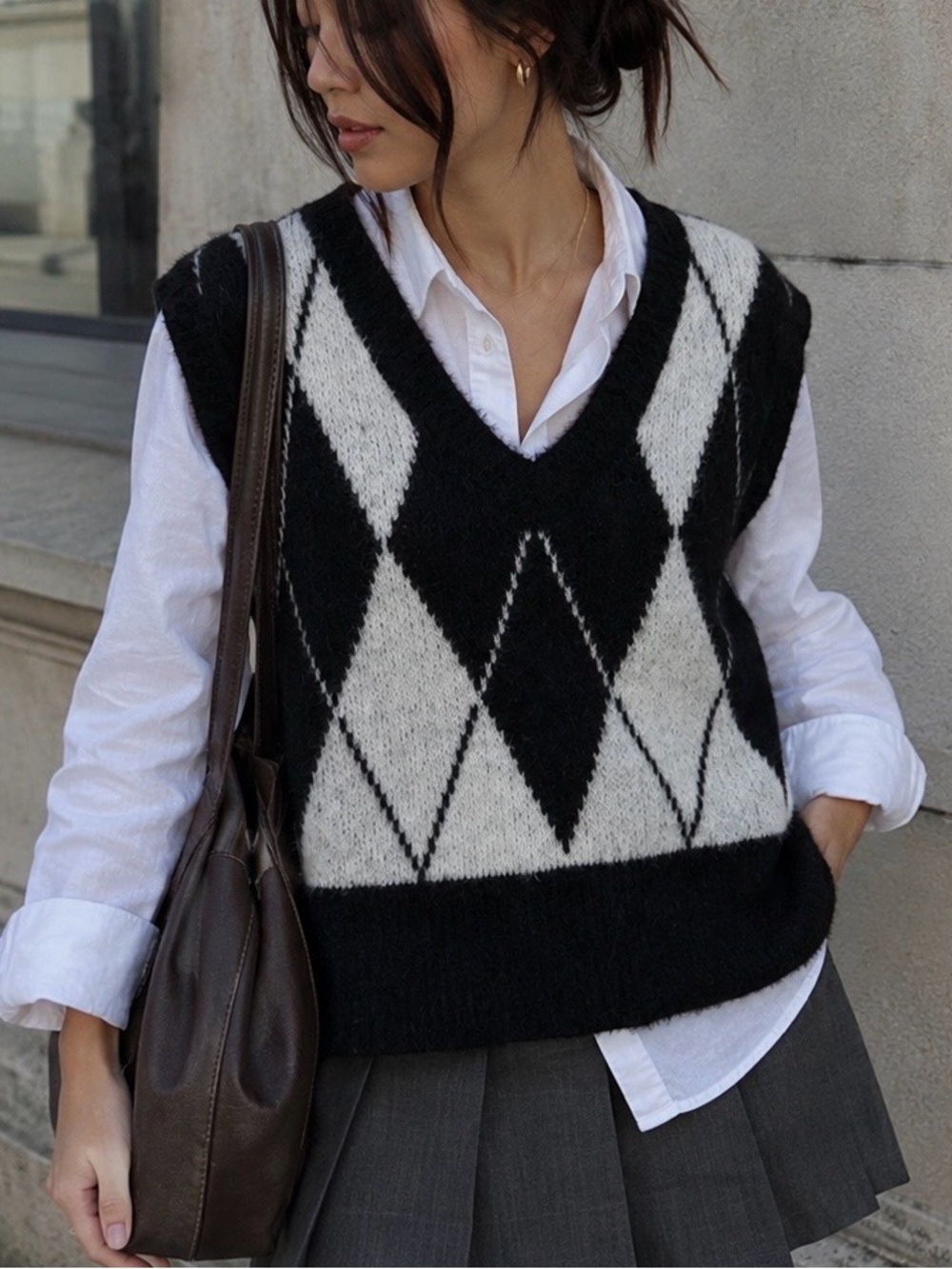 Black White Argyle Sweater Vest Fuzzy Knit Preppy Academia Grandpacore | Large